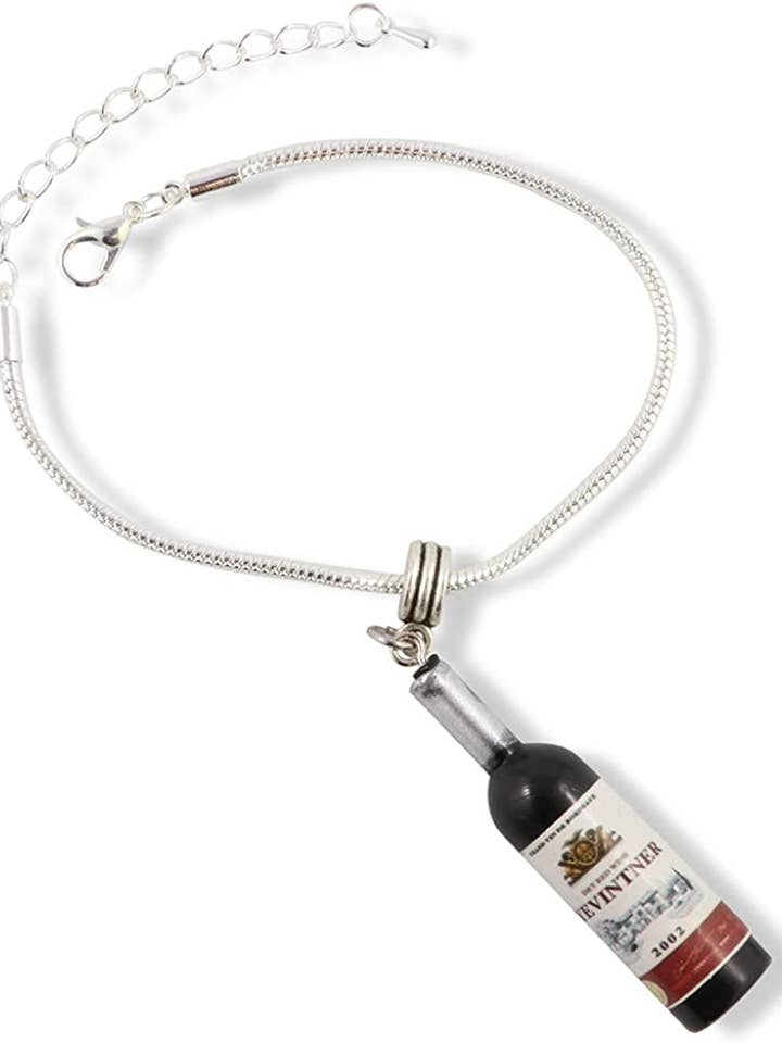 Wine Jewelry | Wine Bottle Stainless Steel Snake Chain Charm Bracelet for wholesale by Dave The Bunny