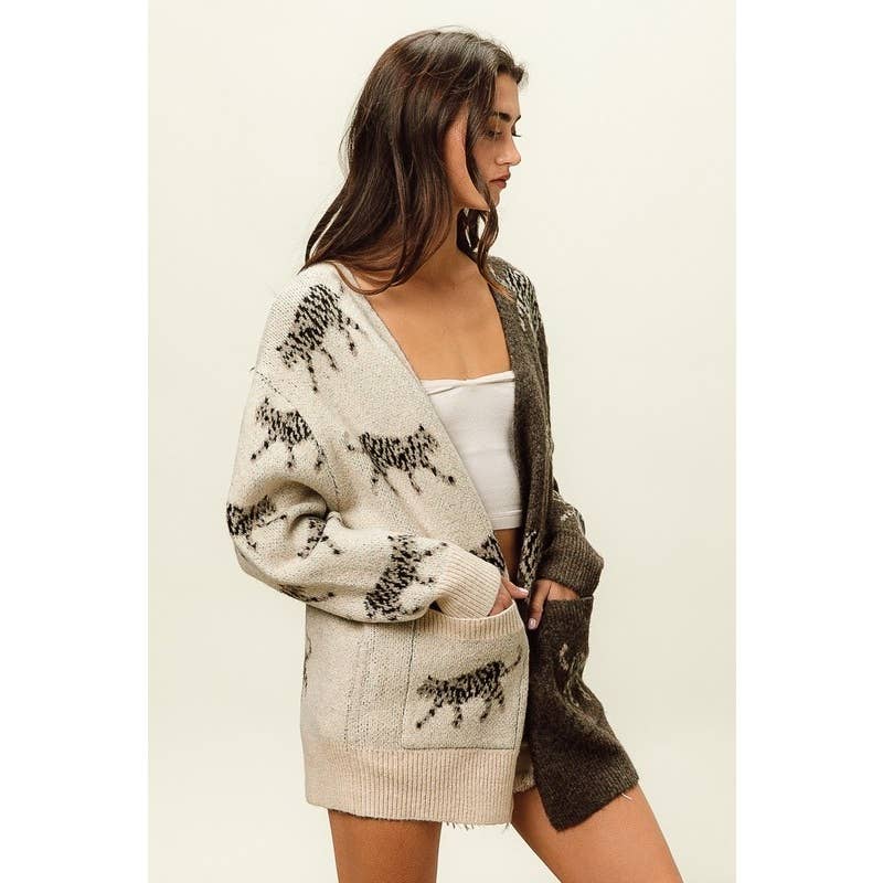 IVE - Vente Cardigan – femme - CARDIGAN À COL EN V À MOTIF TIGRE ET POCHES PLAQUÉES9