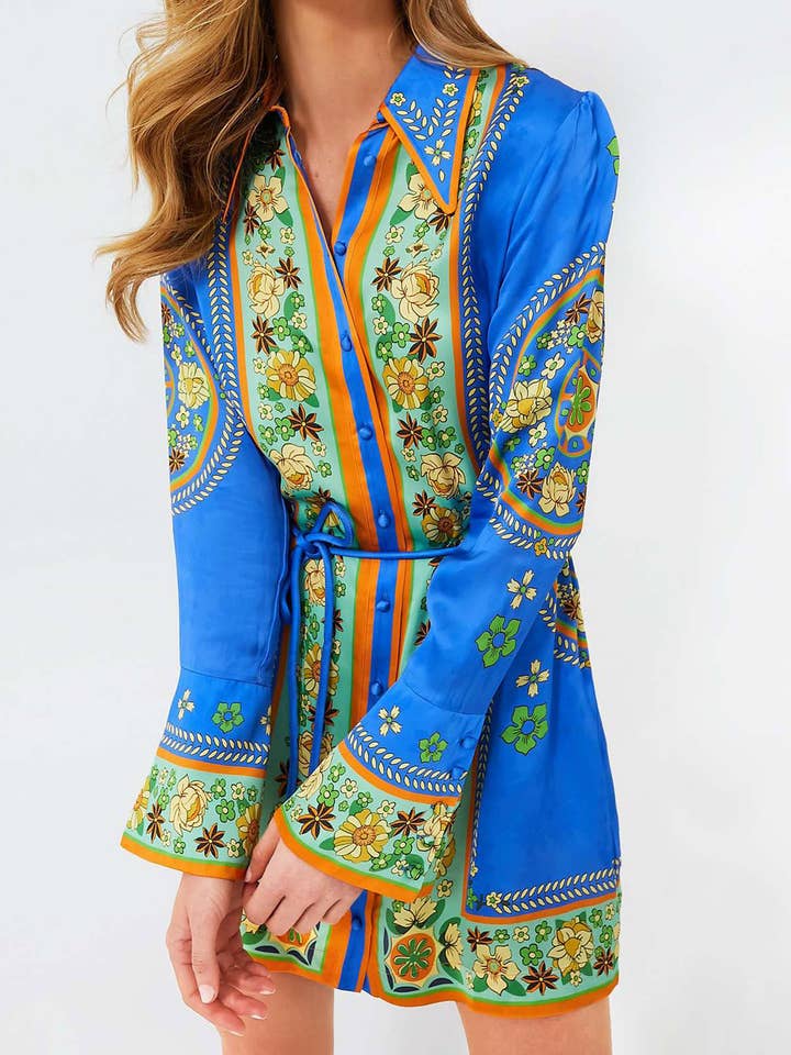 Blue Exquisite Boho Floral Flared Sleeve Belted Shirt Dress for wholesale on Faire