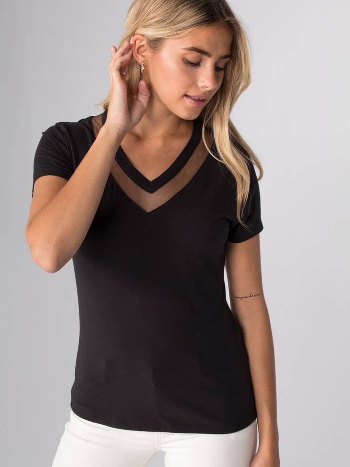 TULLE INSERTS V-NECK - V-Neck Fitted T-Shirt for wholesale by CHRLDR