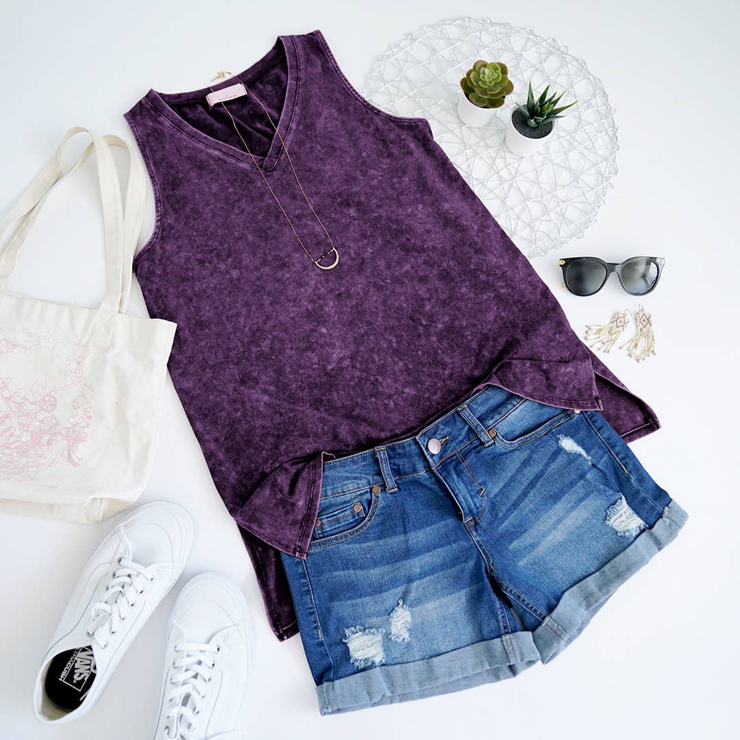 42POPS – wholesale Linne (Tryckt) - Dam – Mineral Wash ärmlös tunika med v-ringning och sidospalt, stor storlek34