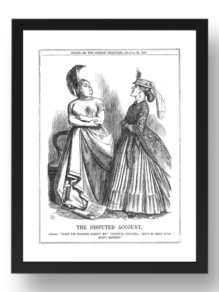 Cuenta en disputa CSS Alabama Shenandoah Reclamaciones Guerra Civil de EE. UU. Póster 1865 A4, póster histórico vintage en marco de 17x13" (A3) para venta al por mayor de PERIOD PRINTS
