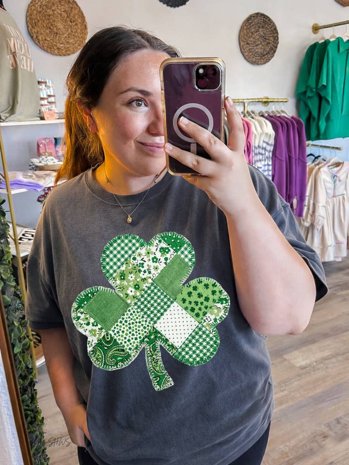 Patchwork Clover Graphic Tee for wholesale by Shop Hal Wholesale