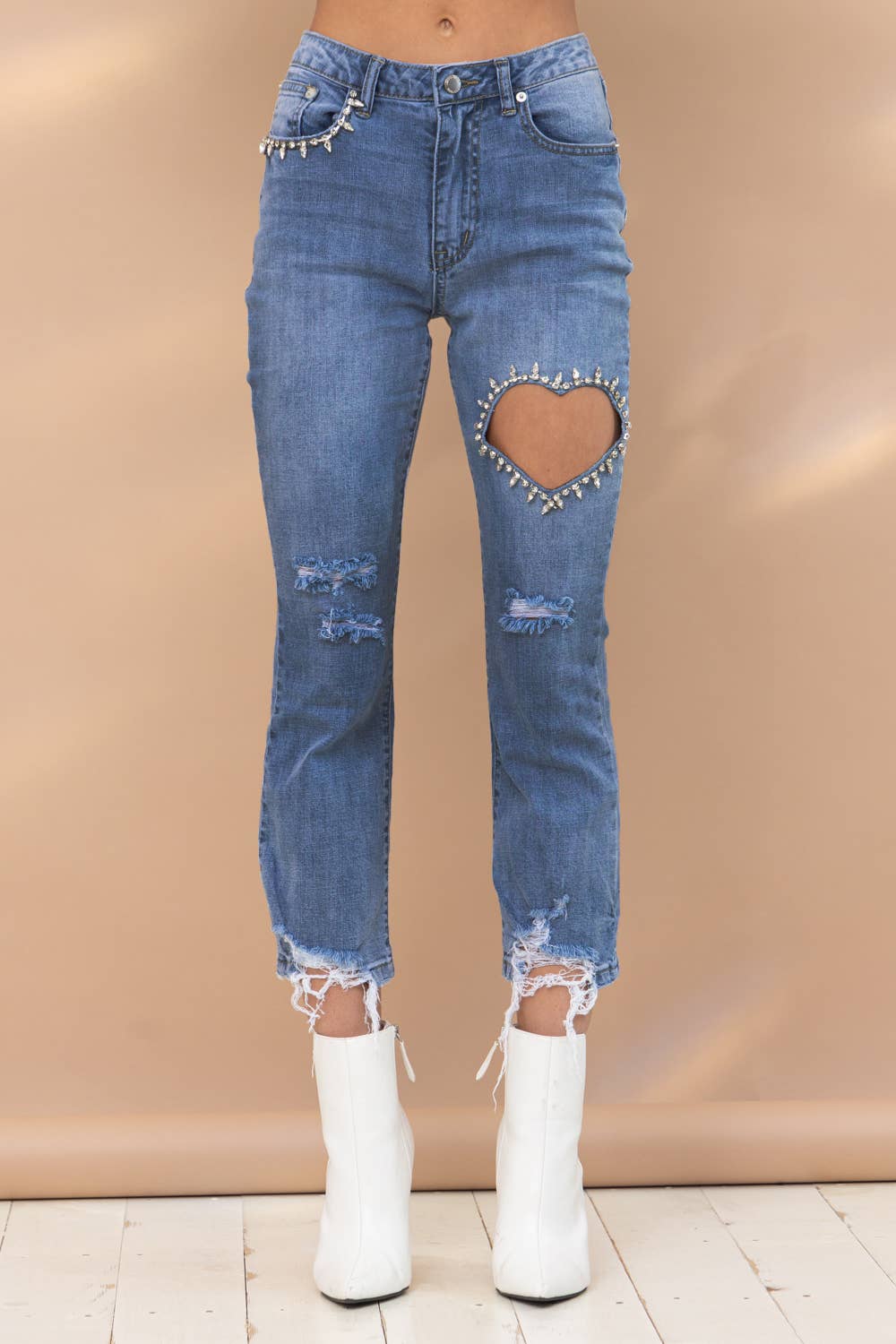 Blue B - Vendita all'ingrosso Jeans - Donna - 22300P - Jeans in denim elasticizzati con bottoni alla caviglia e bottoni a cuore0