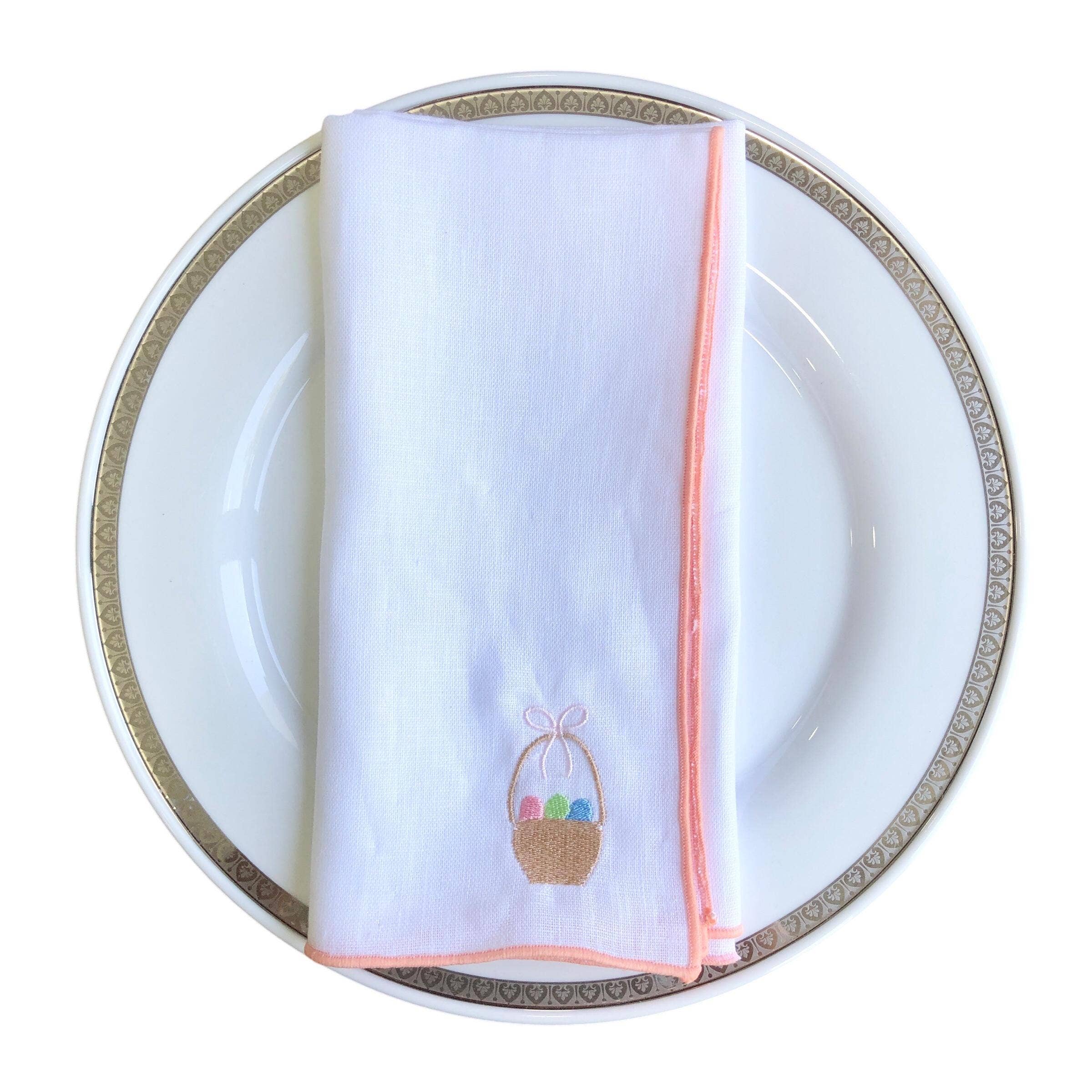 Belle Linen – wholesale Dinner & cloth napkin – Set of 4/6 Embroidered Easter Eggs Basket Linen Napkins3