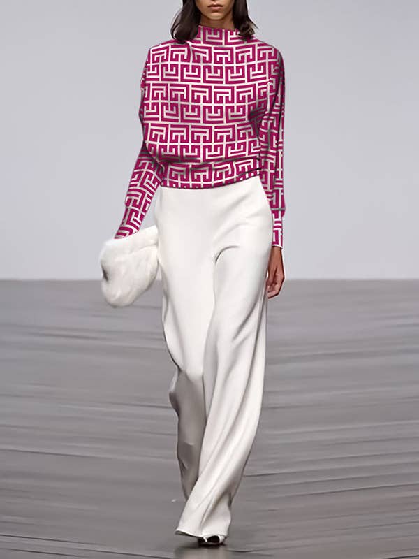BLACK Long Sleeves Loose Geometric Printed Stand Collar T-Shirts Tops for wholesale on Faire