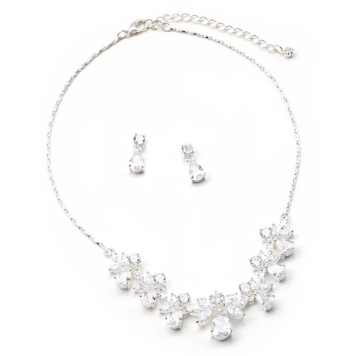 Silver CZ Teardrop Earrings & Flower Necklace Set for wholesale by Cool Crystals