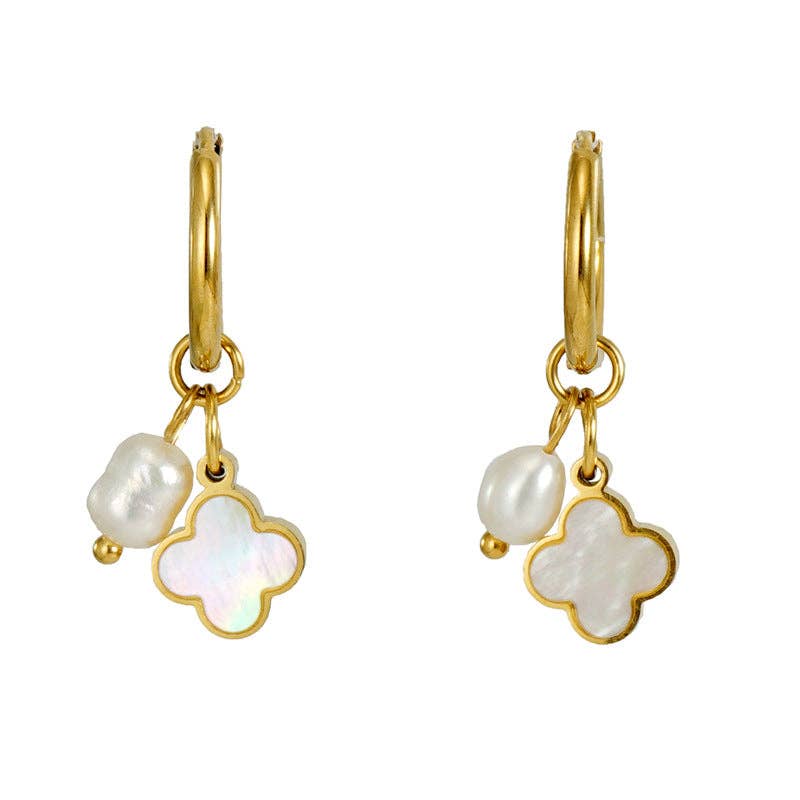 Mio Queena - Wholesale Huggie Earrings - Pearl Shell 18K Gold-plated Stainless Steel Earrings - FGS7