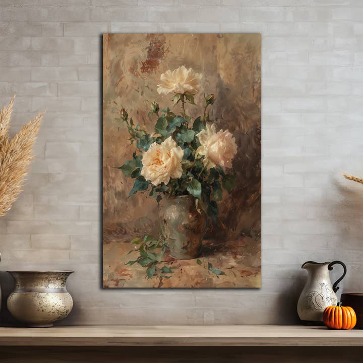 Ivory Roses Canvas Wall Art European Vintage Floral Decor for wholesale by Olive Branch Farmhouse