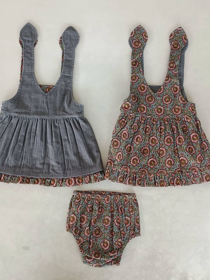 Yo Baby - Wholesale Dress - Kids - Reversible Solid Grey Corduroy & Grey Floral Printed Ruffle Dress1
