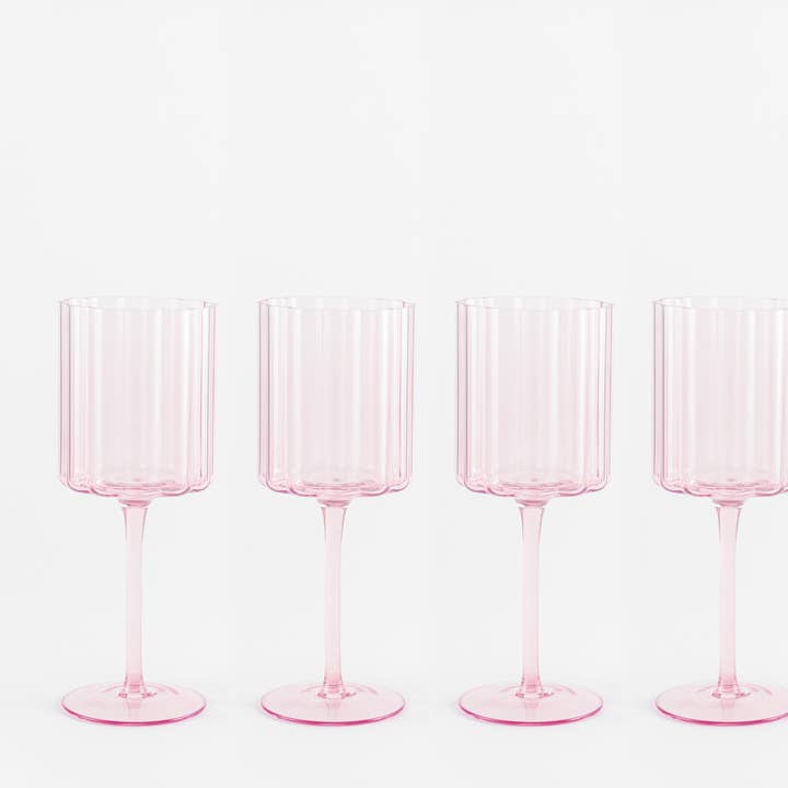 Scalloped Rim Fluted Wine Glass, Set of 4, Pink for wholesale by Jeanne Fitz