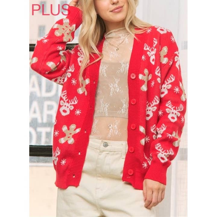 10439X Plus Size X-Mas Rentier Jacquard Strickjacke mit Knopfverschluss für den Großhandel von Coloring You