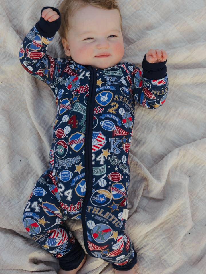 Lil Krew & Co - Wholesale Sleepsuit - Baby - Varsity Blues Bamboo Zip Pajamas3