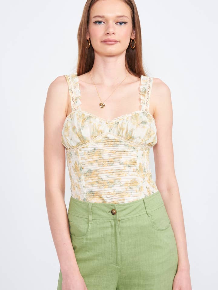 SMOCKED AND PLEATED RUFFLE STRAP BODYSUIT for wholesale by Emory Park