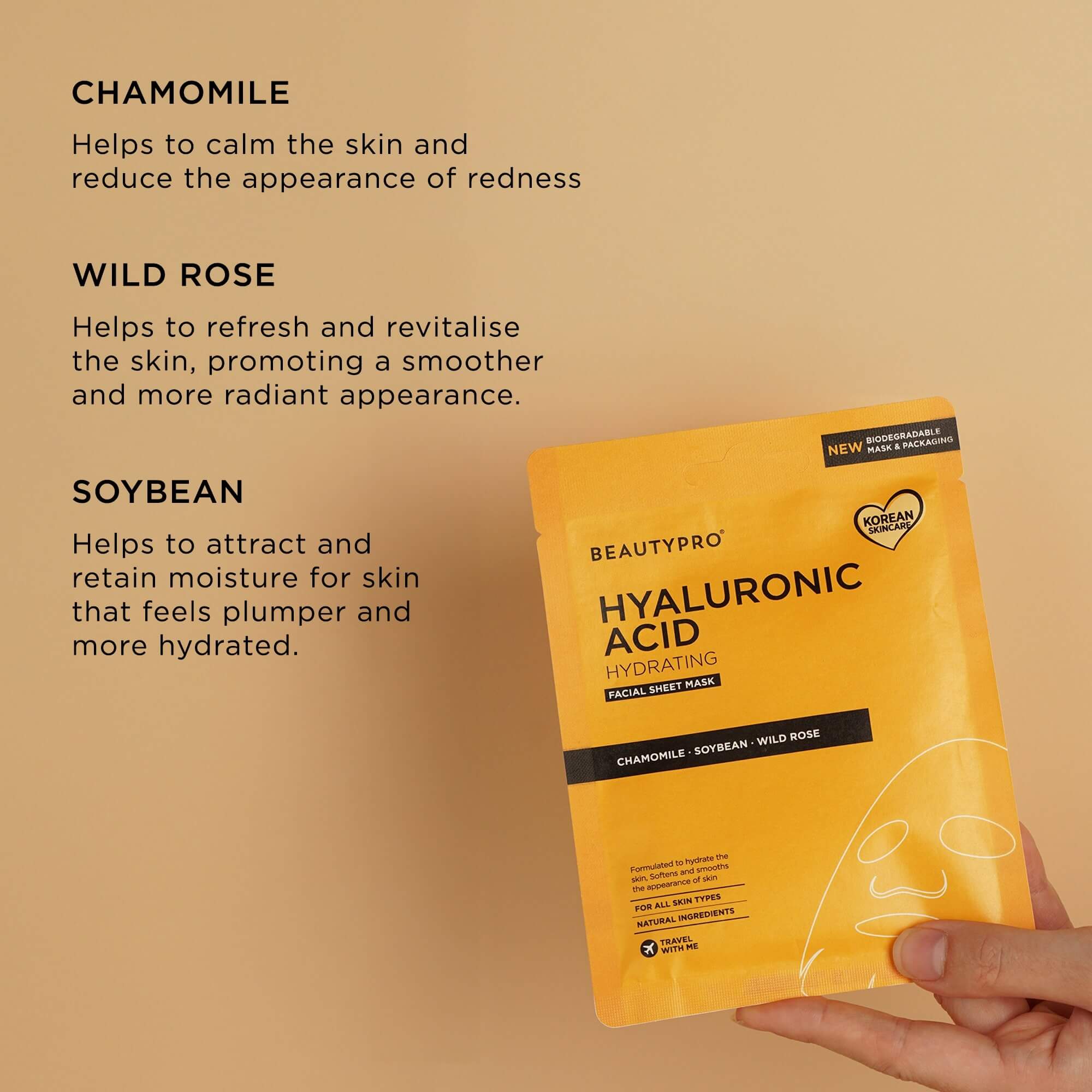 BEAUTYPRO – wholesale Skincare face mask – HYALURONIC ACID Hydrating Facial Sheet Mask - 100% Biodegradable5