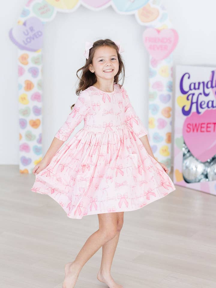 Blushing Bows 3/4 Sleeve Pocket Twirl Dress for wholesale by Mila & Rose