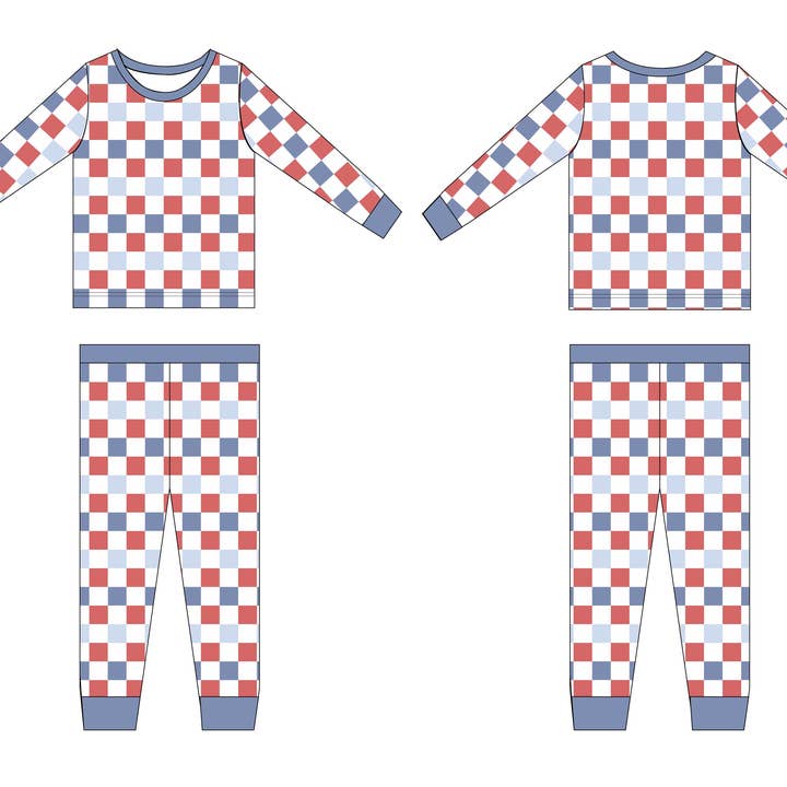 Bambusset mit roten, weißen und blauen Karomuster für den Großhandel von Jensens Jammies