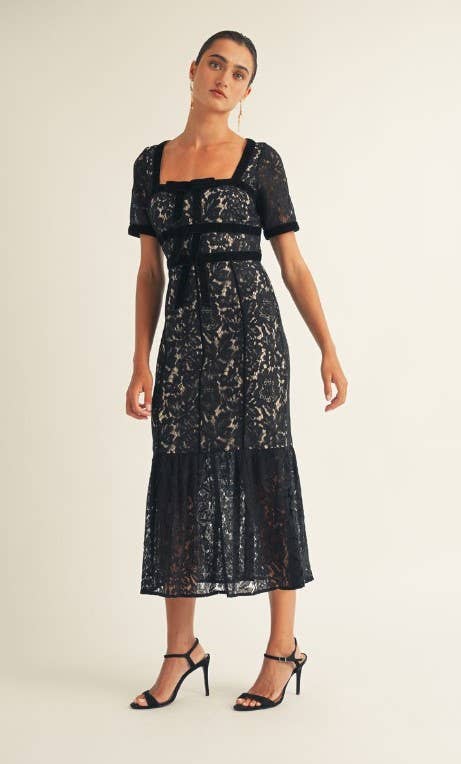 JUST ME - Vente Robe – femme - Robe midi en dentelle florale à manches courtes4