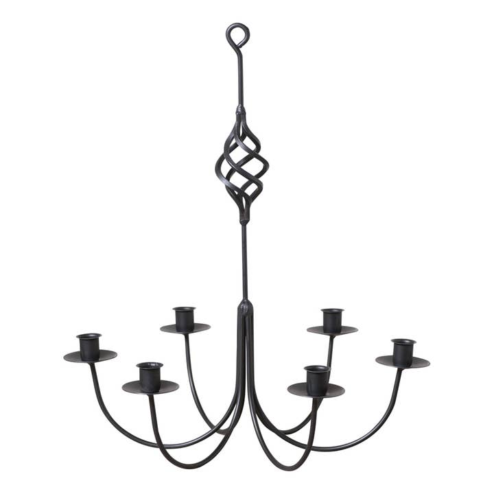 Wrought Iron Mini 6 Arm Hanging Candelabra with Basket for wholesale by Irvin's Tinware