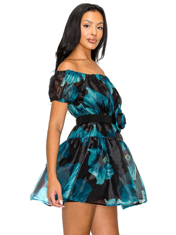 Miss Avenue - Vente Robe – femme - DM3812 ORGANZA FLORAL À ÉPAULES DÉNUDÉES AVEC ROBE CEINTURÉE8