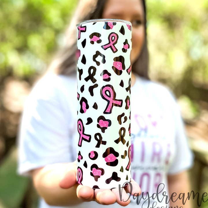 Leopard Breast Cancer Ribbon Tumbler for wholesale by Daydreamer Designs