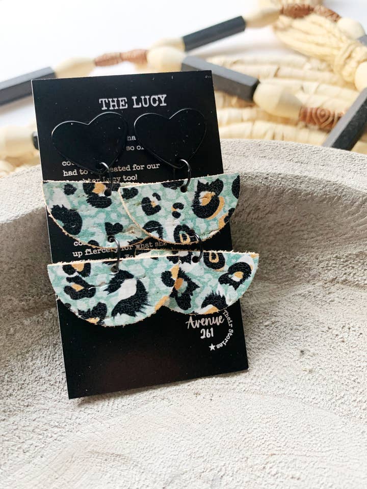 Aqua & Black Leopard Print Statement Cork Earrings for wholesale by Avenue261