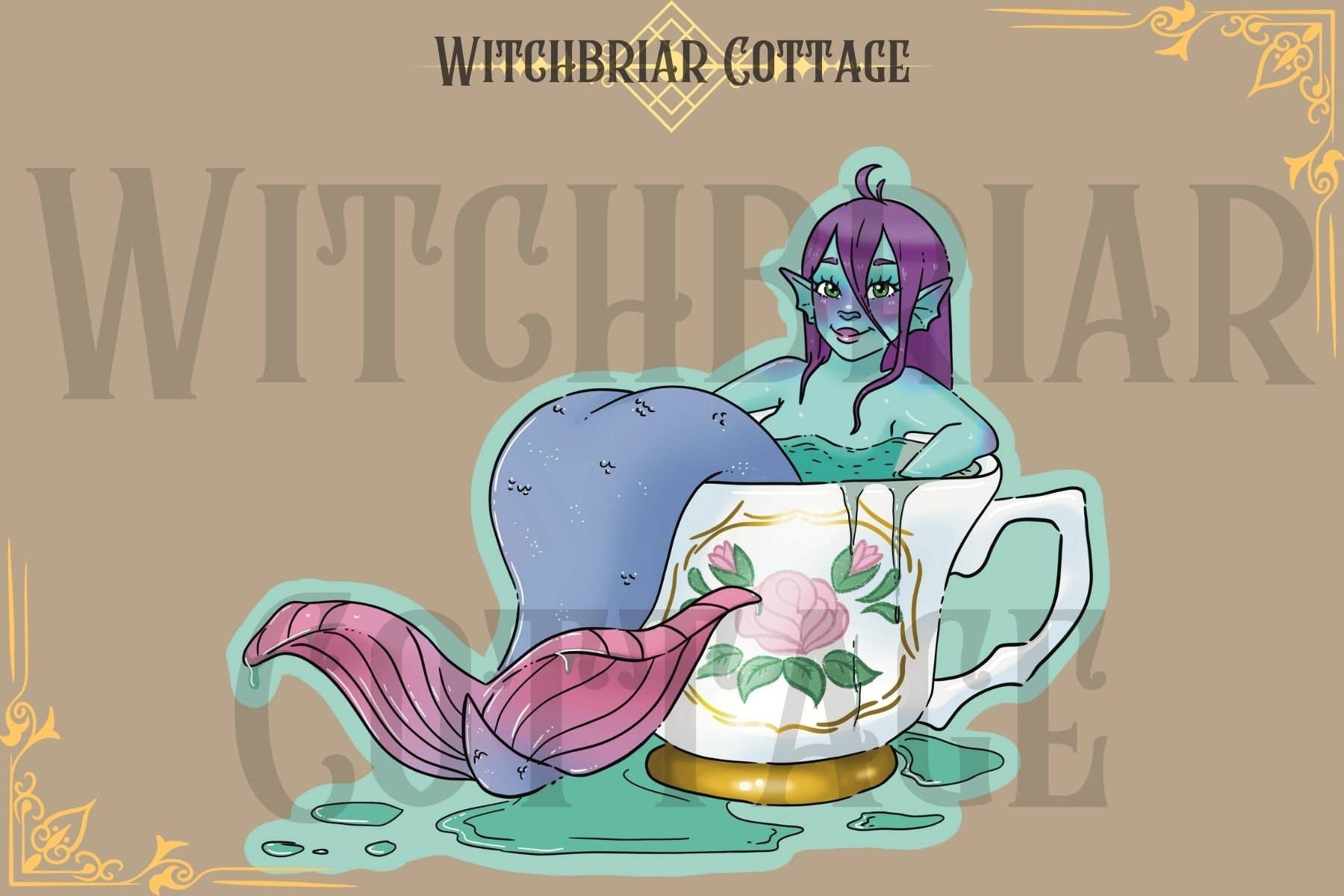 Witchbriar Cottage - Wholesale Sticker - Teacup Mermaid Sticker: Kawaii Fantasy Decal (3.3" x 2.7")6