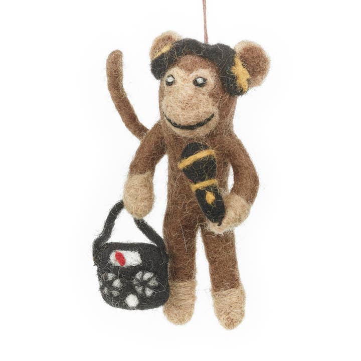 Felt So Good - Wholesale Ornament - Handmade Felt DJ Bananas Hanging Monkey Decoration0