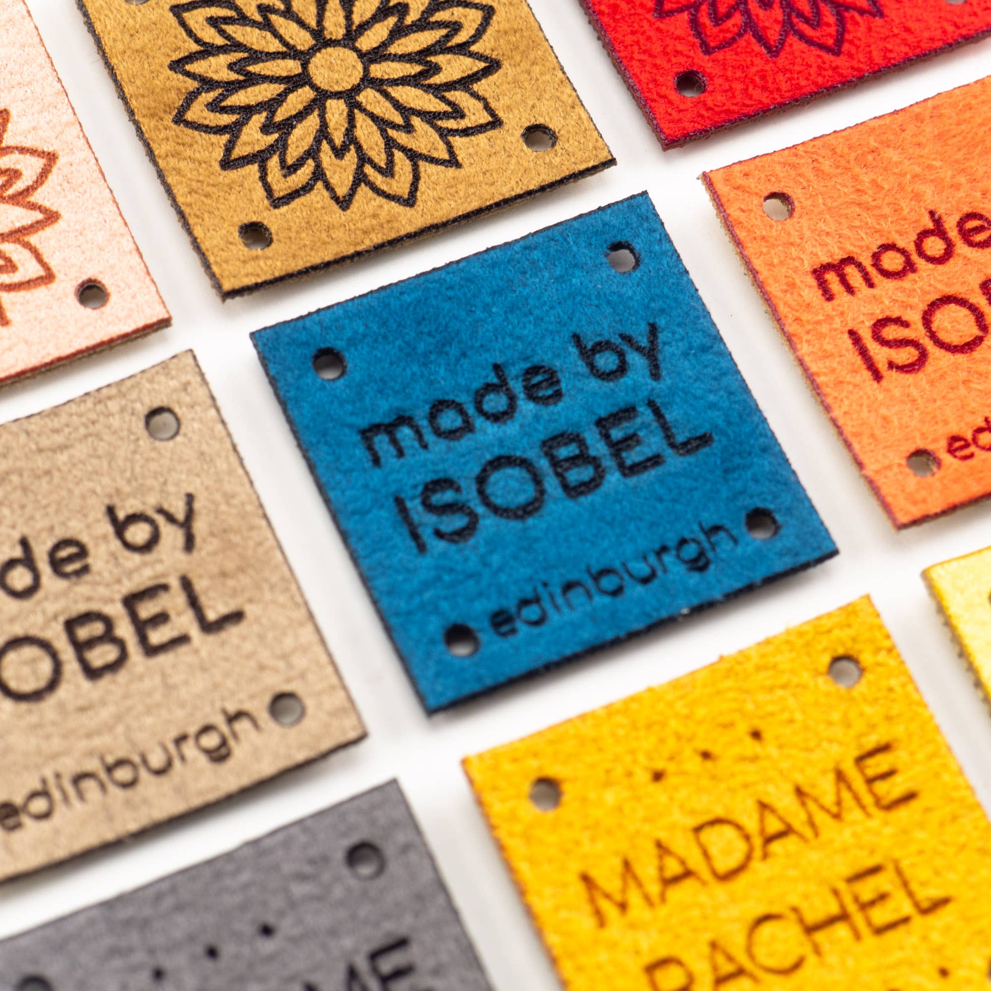 minimize custom tags - Wholesale Knitting/Crochet Supplies - Custom Square Faux Suede Labels for Branding and Promo6