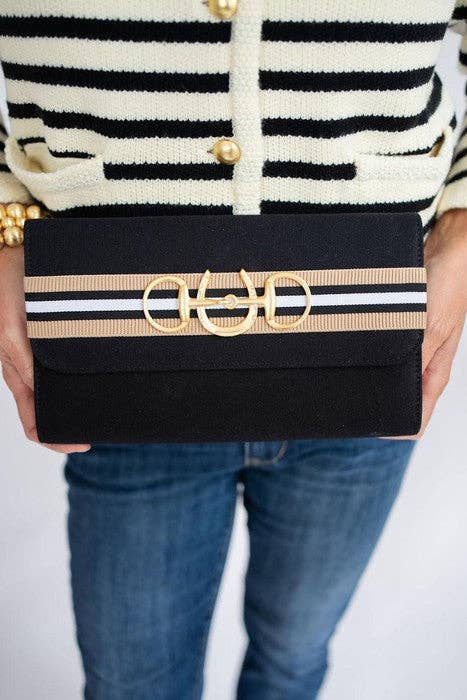 Lisi Lerch - Wholesale Crossbody Bag - Women's - Avery Black - Tan & Black Stripe Band with Horseshoe Snaffle - WS1