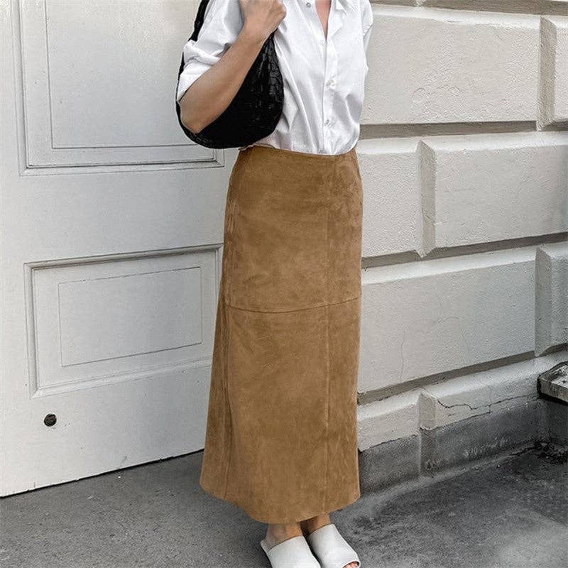 KHAKI Solid High Waist Straight Suede Midi Skirt for wholesale on Faire1