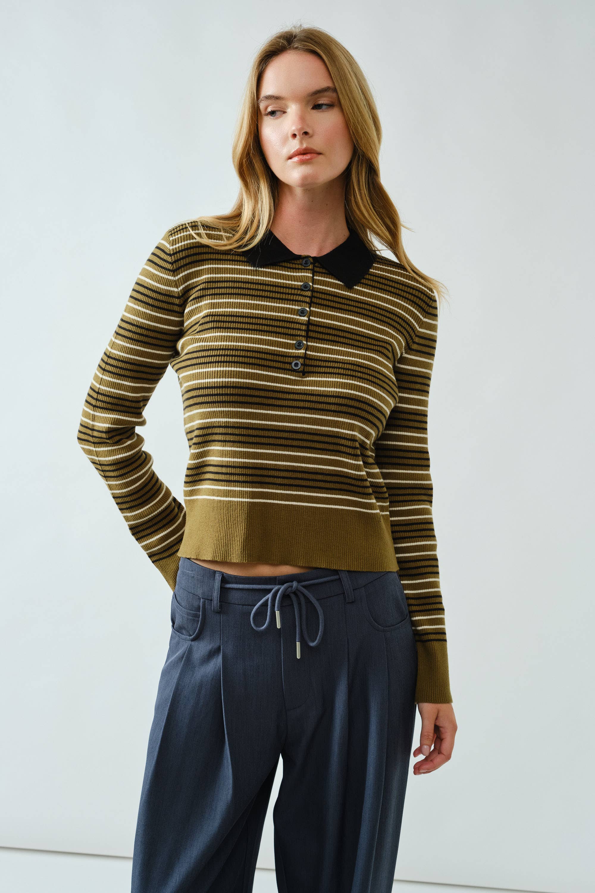 Aaron & Amber - Wholesale Polo - Women's - AJT5193 TIMELESS STRIPED POLO SWEATER TOP8