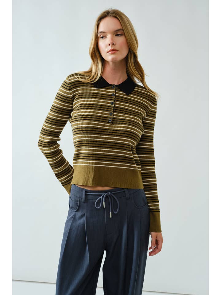 Aaron & Amber - Wholesale Polo - Women's - AJT5193 TIMELESS STRIPED POLO SWEATER TOP8