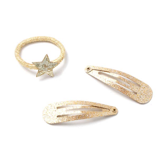 Inca UK – Elástico para cabelo - Criança por atacado – Ganchos de cabelo com purpurina dourada e 2 elásticos com estrelas num cartão.1