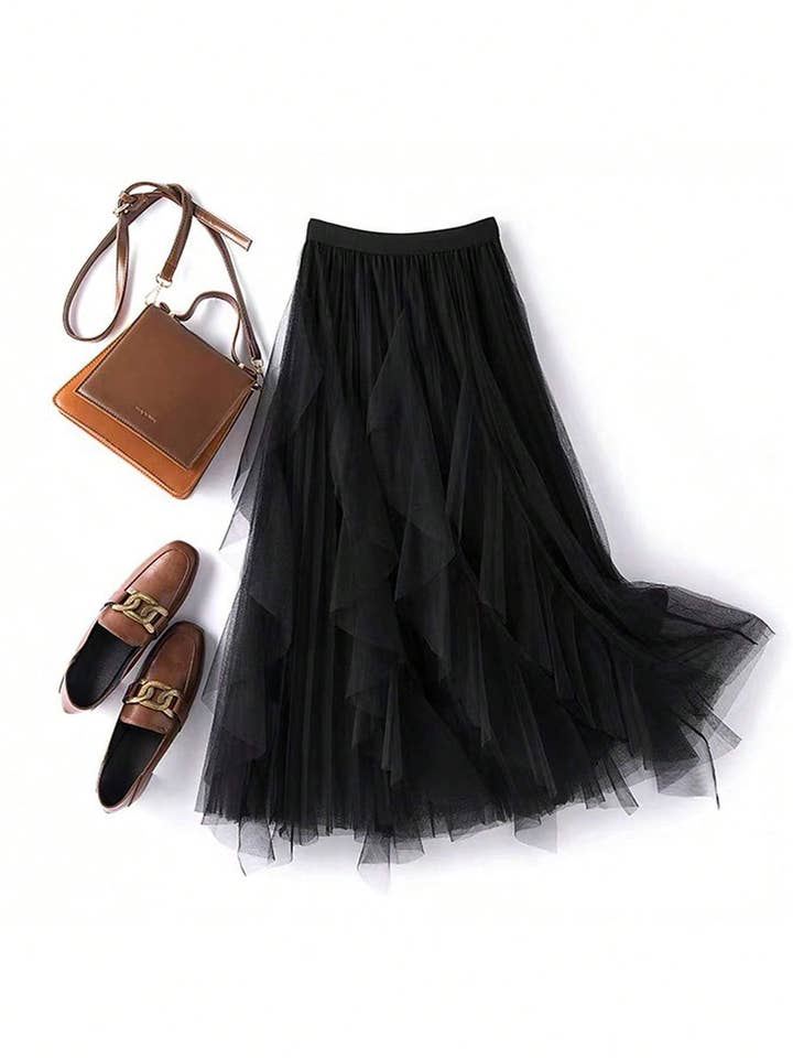 Fashion Combination - Wholesale Skirt - Women's - ruffle hem pleated tulle midi skirt1