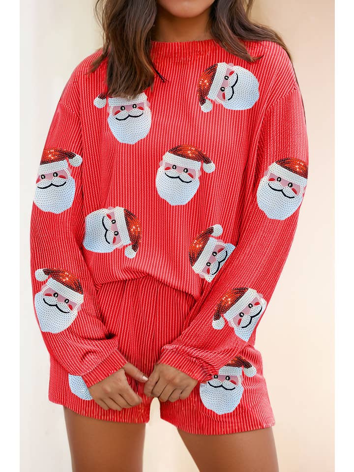 Red Sequin Christmas Santa Clause Pullover and Shorts Lounge Set for wholesale on Faire