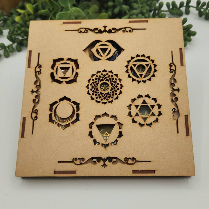 Meraki Gemstones - Wholesale Spiritual Stone/Crystal - Chakra Crystal Set-Palmstone Shape-Charkra Symbols Box Wood