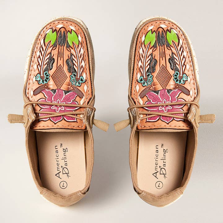 LC-ADFT133BR2 Women's Floral & Feather Tooled Leather Canvas Loafers - Multicolor Western Slip-On for wholesale by LS Western