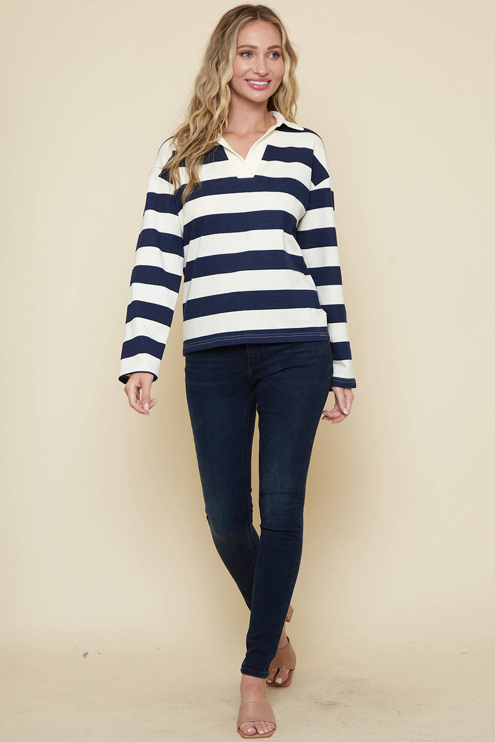 Saints & Hearts - Wholesale Knit Top - Women's - SIT3581B CREAM NAVY COTTON YARN DYE RUGBY TOP3