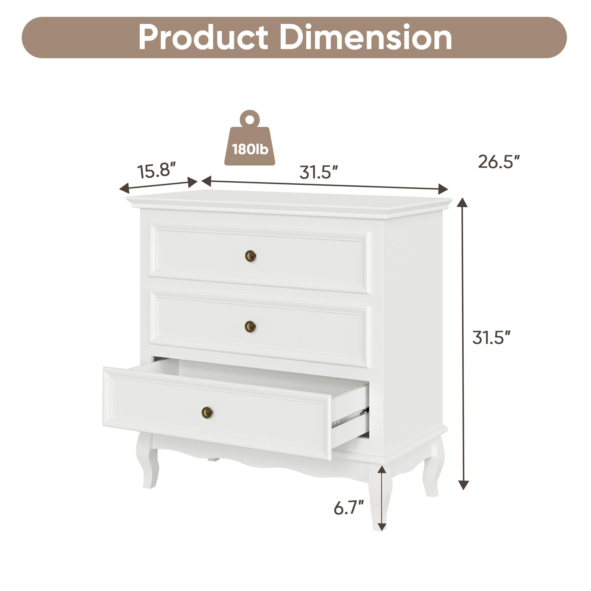 Heynemo - Wholesale Cabinet - White 3 Drawer Dresser for Bedroom, Wide Chest of Drawers6