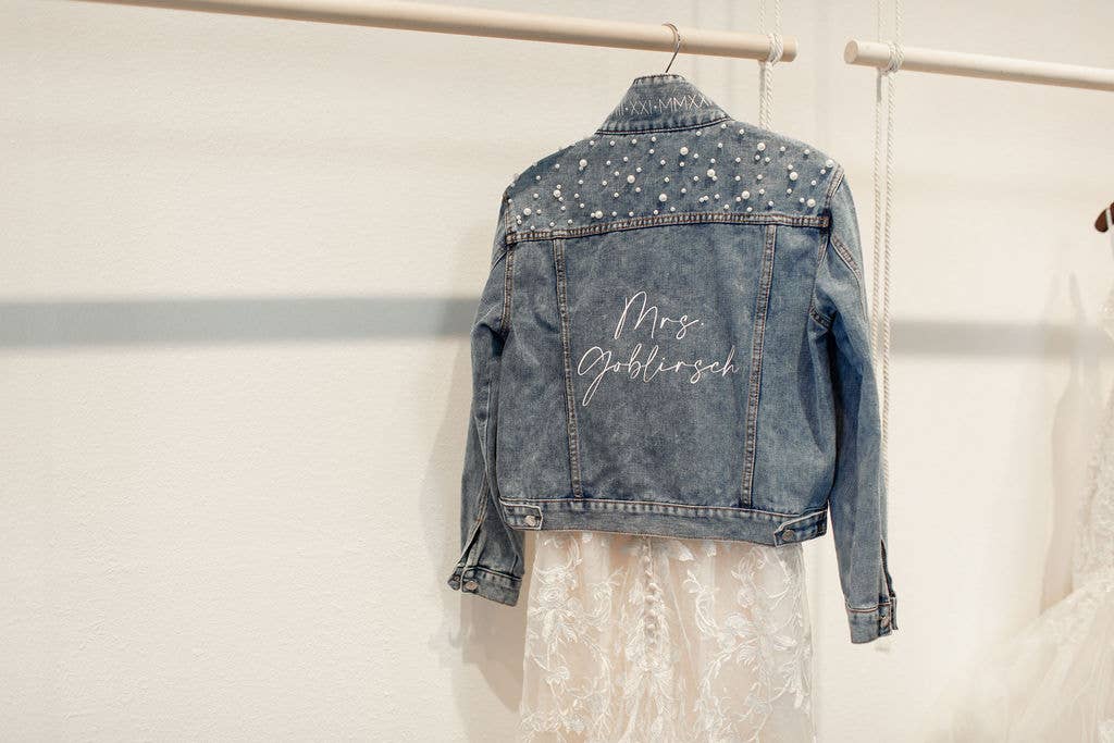 Blue Personalized Denim Pearl Bride Jacket for wholesale on Faire1