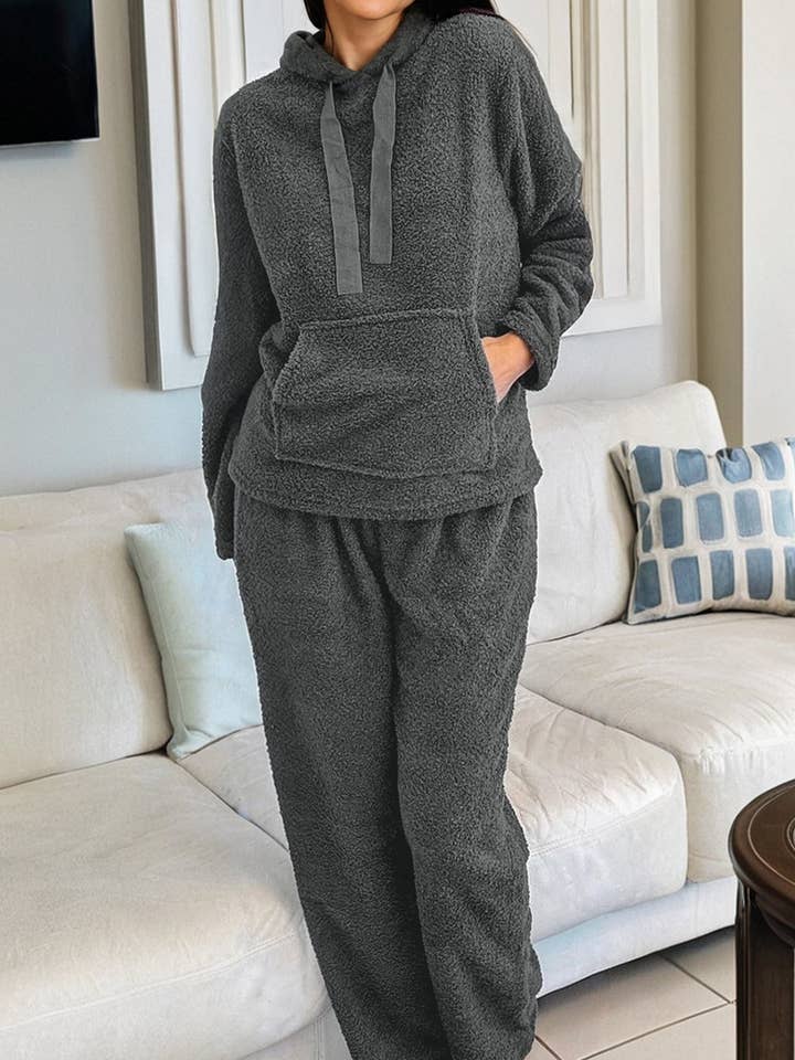 Medium Grey Fuzzy Drawstring Hoodie Lounge Pants 2pcs Set for wholesale by Shoppe247