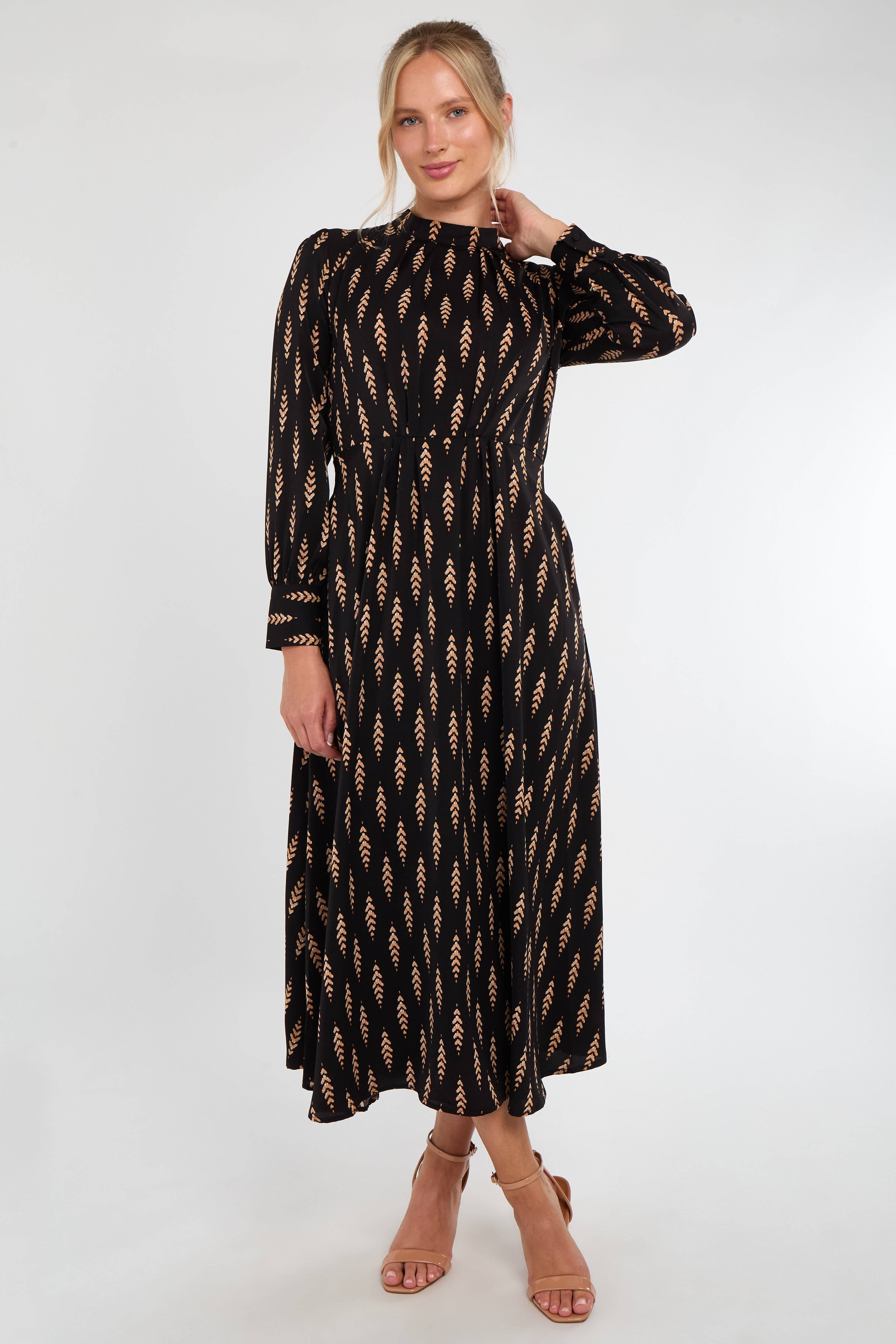 Black Tan Chevron Print Pleated Skirt Maxi Dress for wholesale on Faire2