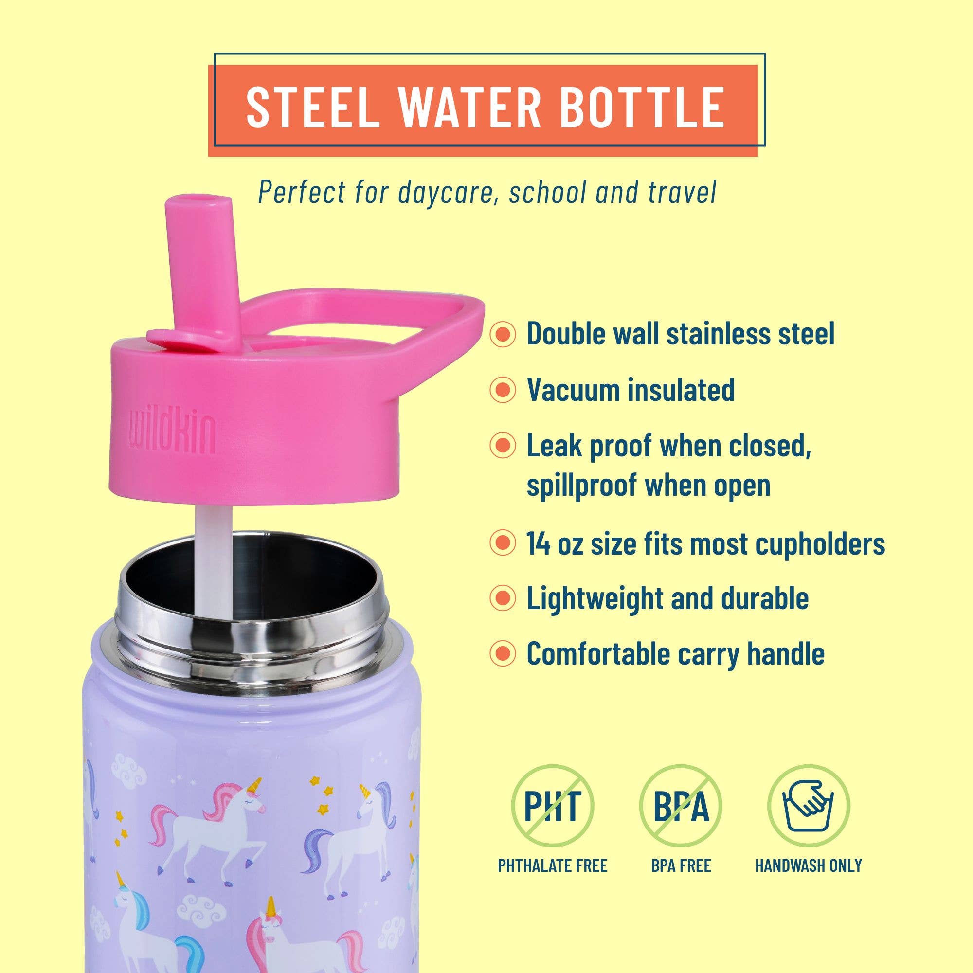 Wildkin - Wholesale Water Bottle - Unicorn 14 oz Stainless Steel Water Bottle1