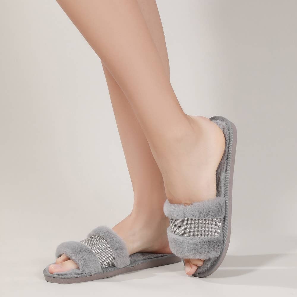 Natalie Mills - Wholesale Slippers - Women's - Sydney Rhinestone Faux Fur Slippers5