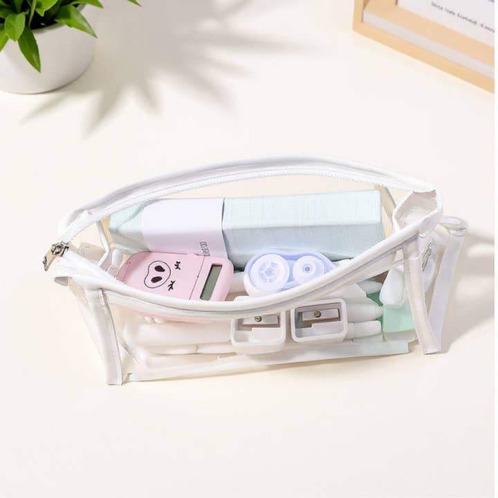 White Clear PVC Cosmetic Pouch with Zipper Closure and Structured Base 7.9x3x4.7 in for wholesale on Faire2