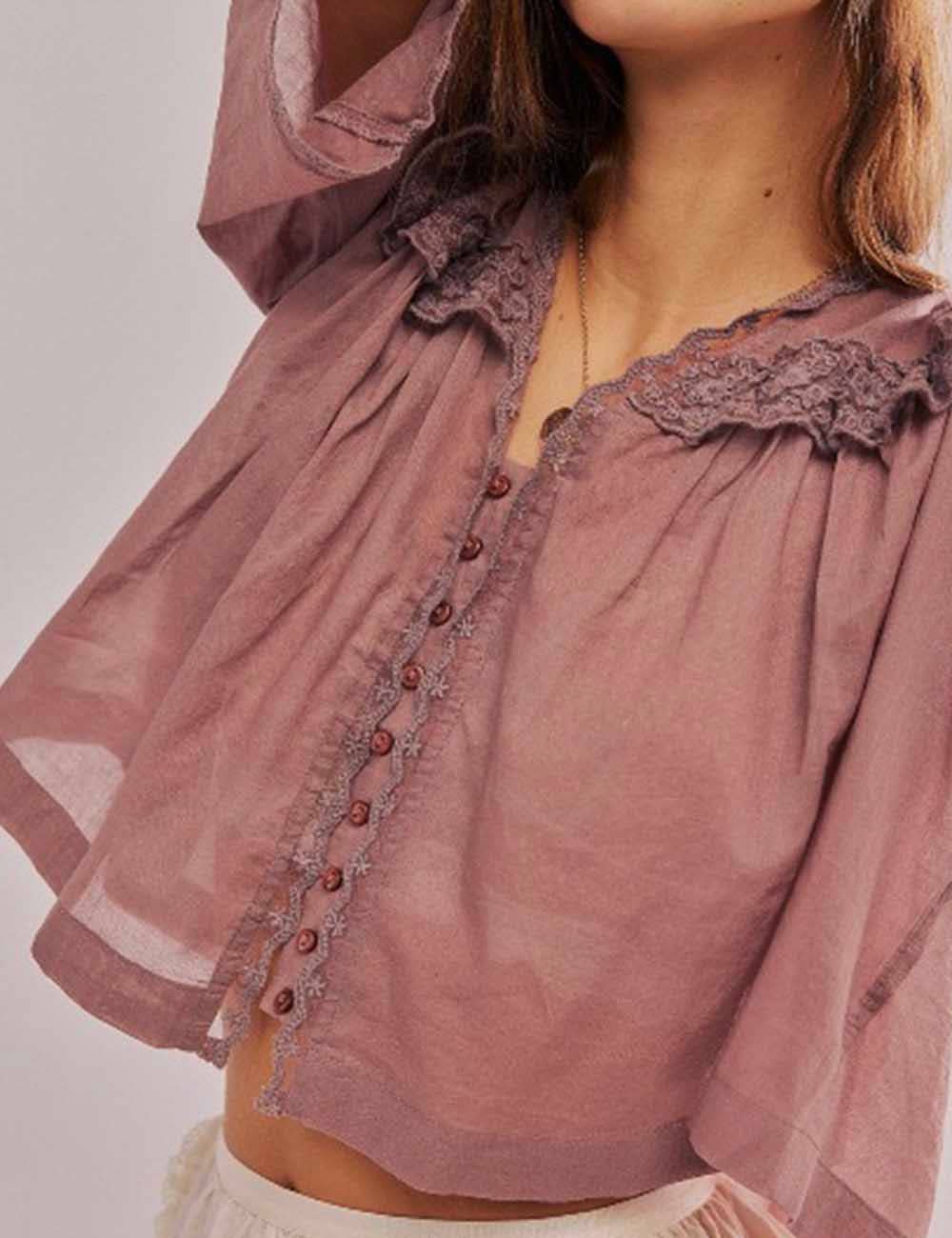 Sweetkama - Vente Chemisier – femme - Blouse en dentelle à manches courtes avec col Claudine pour femme12