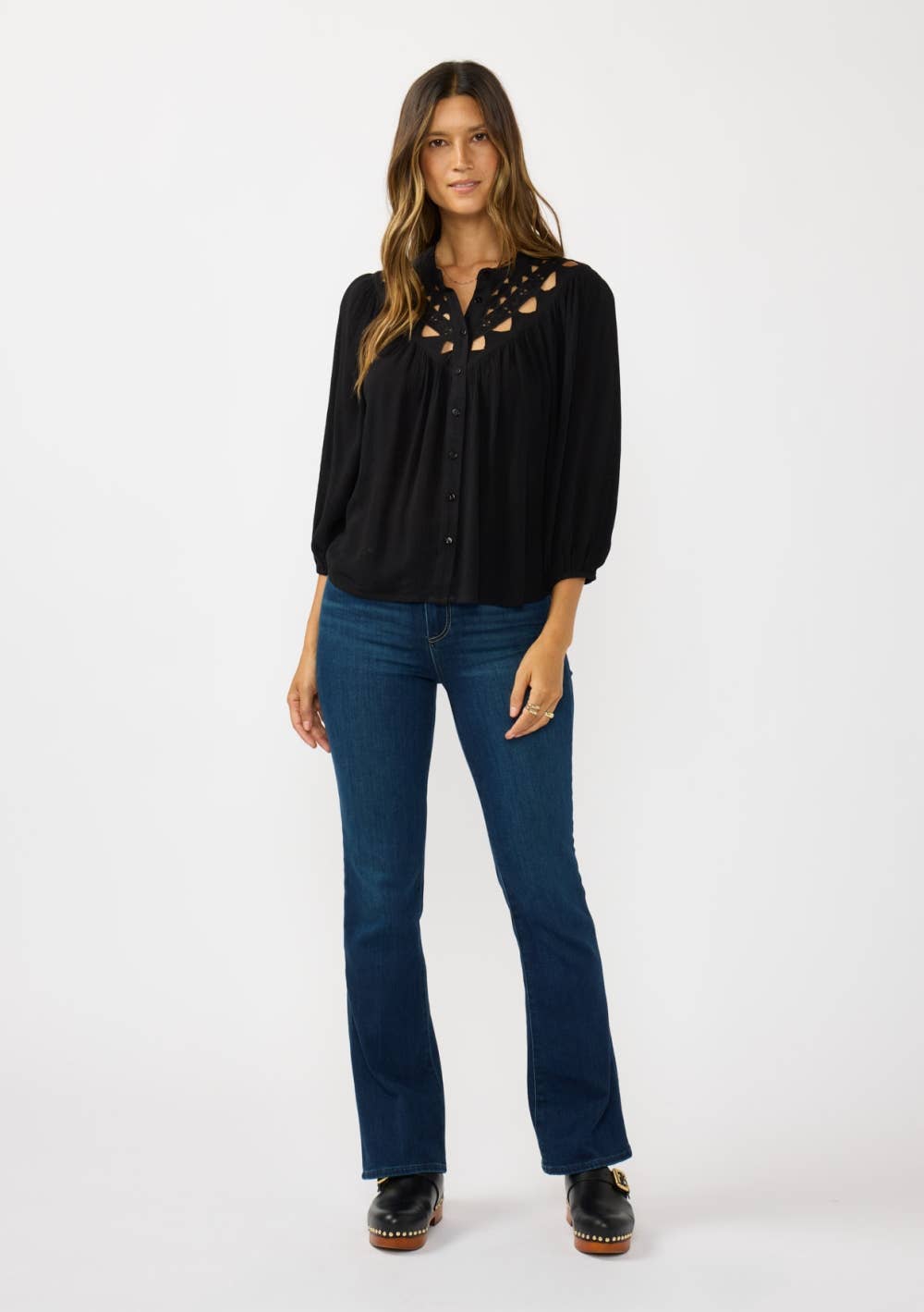BLACK Embroidered Cutout Yoke Button Down Blouse for wholesale on Faire4