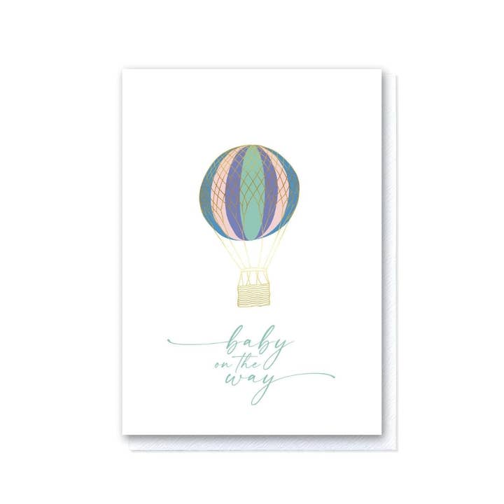 Up and Away Pastel Hot Air Balloon Baby On The Way Card for wholesale by Grace Jackson Design