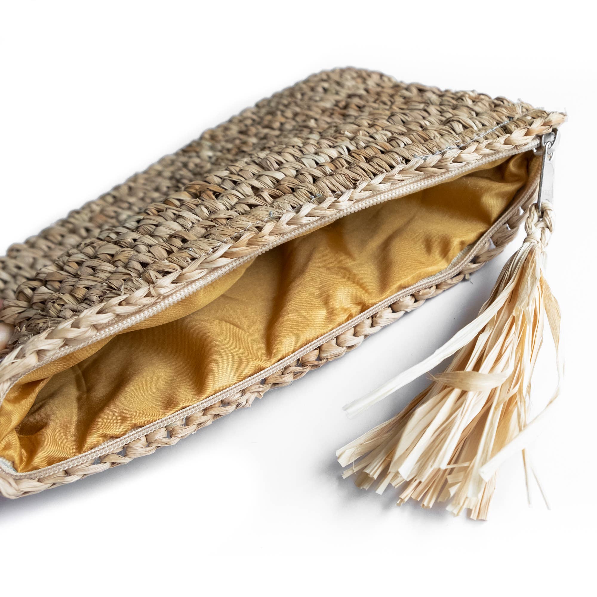 Bali Harvest - Venta al por mayor Bolso de mano - Mujer - Bolso clutch de rafia y paja con cierre de cremallera y borla1